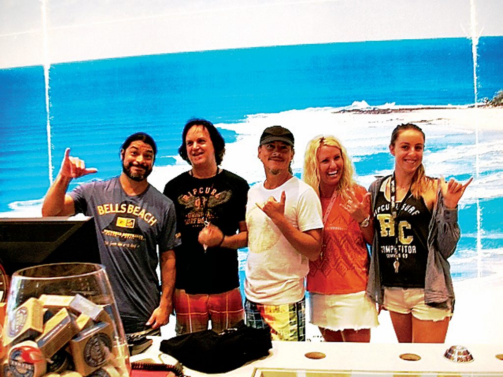 Metallica bassist Rob Trujillo, Steve Sullivan, guitarist Kirk Hammett, Di Damsa and Luca Emmwright at Ripcurl Coolangatta. Metallica bassist Rob Trujillo, Steve Sullivan, guitarist Kirk Hammett, Di Damsa and Luca Emmwright at Ripcurl Coolangatta.